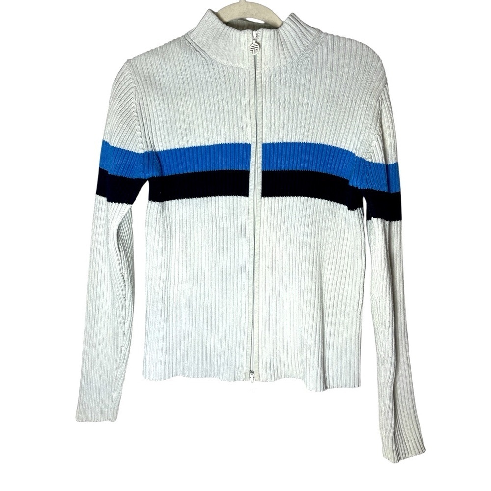 Tory Burch Sport Retro Preppy White Blue Color Blocked Cardigan Sweater Sz M